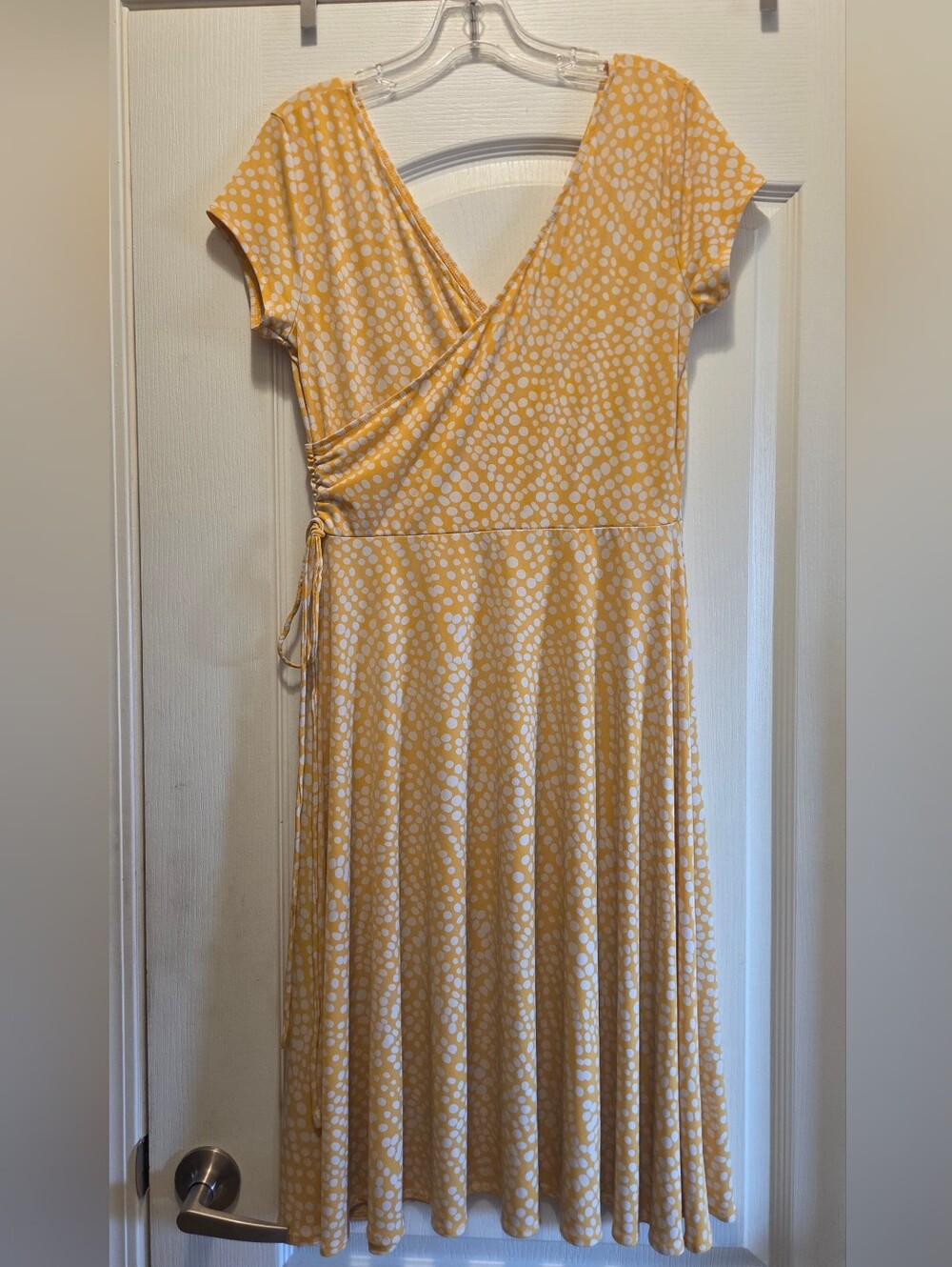 Yellow Polka Dot Faux Wrap Dress - Women's
